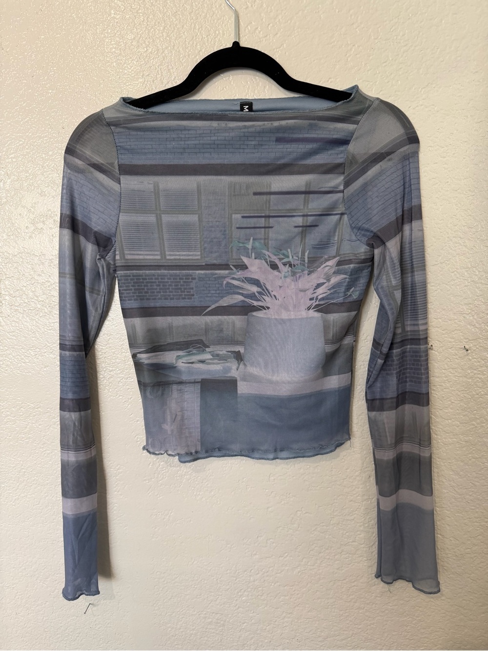 Motel Rocks Sheer Long Sleeve Crop Top - Gray Blue